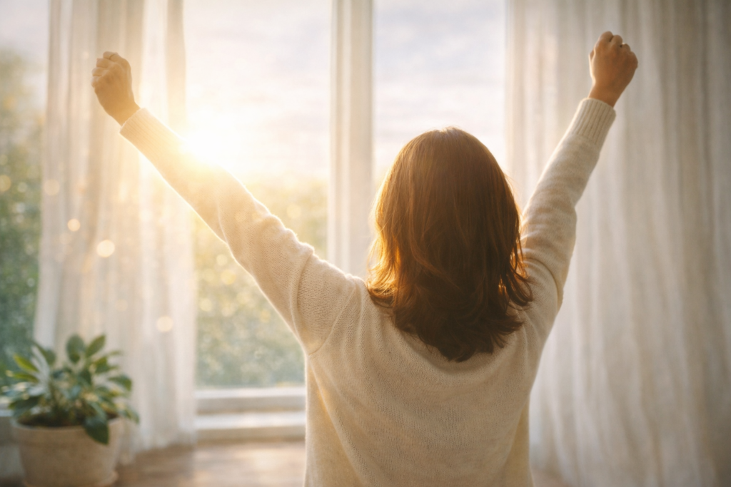 朝日を浴びて気持ちよく伸びをする女性の後ろ姿。体内リズムを整える朝のイメージ