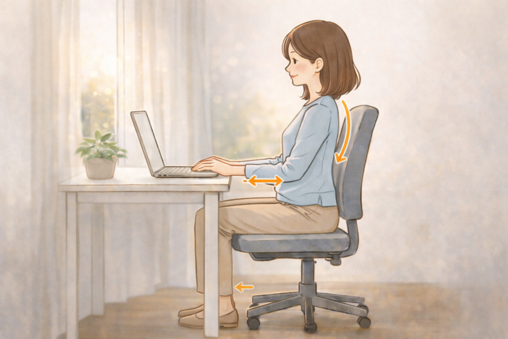 デスクワーク時の正しい座り姿勢のイラスト。お腹と机の間にこぶし一個分の余裕を保ち、背骨を自然に立てて座っている状態。